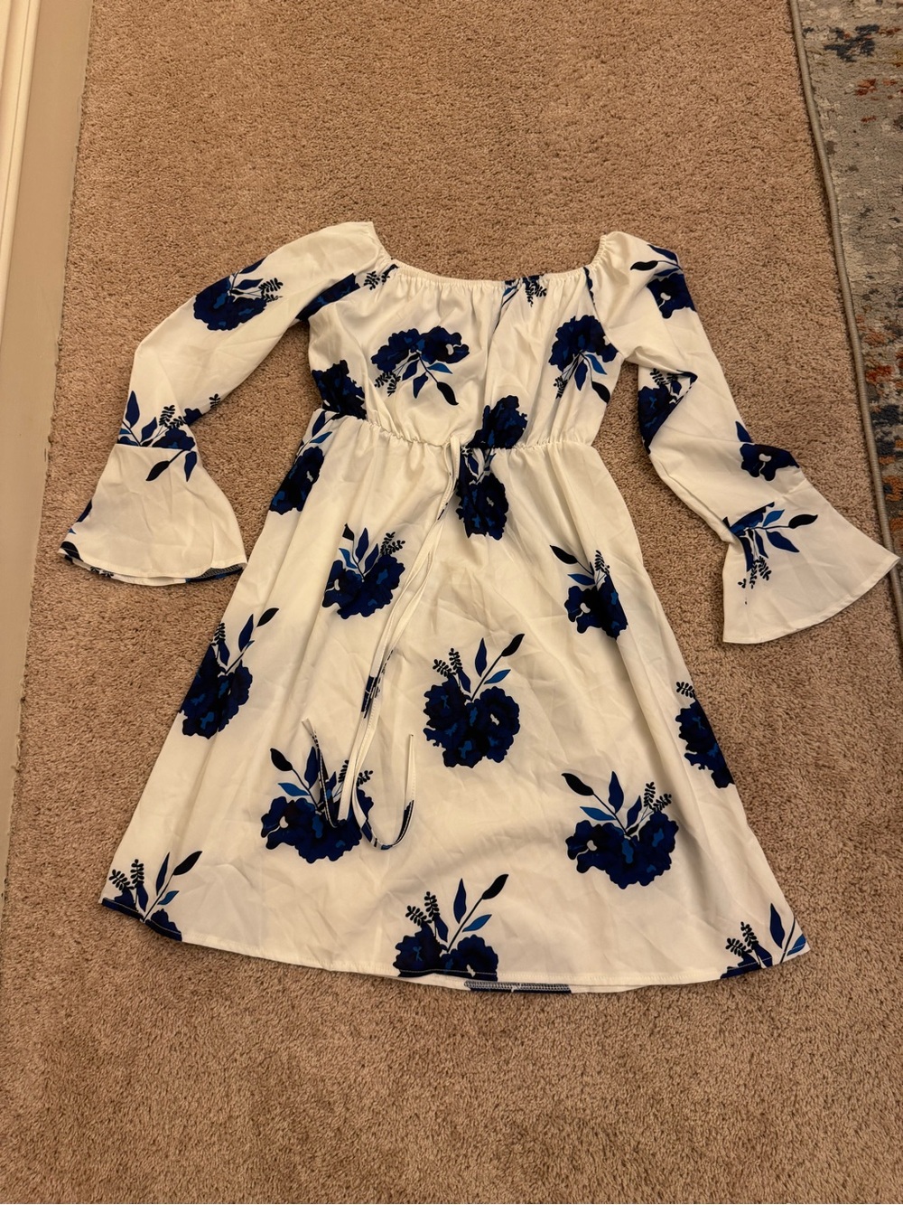 SHEIN White Dress with Blue Floral Print and Bell Sleeves